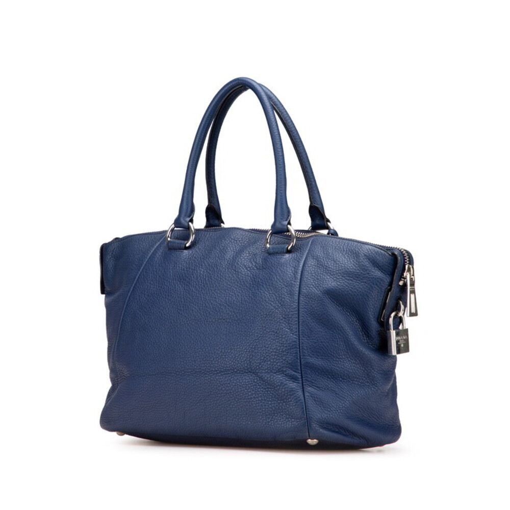 Prada plate tote blue triangular leather bag handbag logo